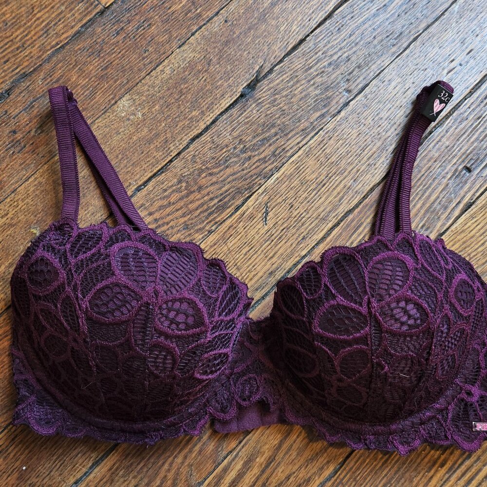 NEW 32C PINK VICTORIAS SECRET plum|purple floral lace date night push up bra